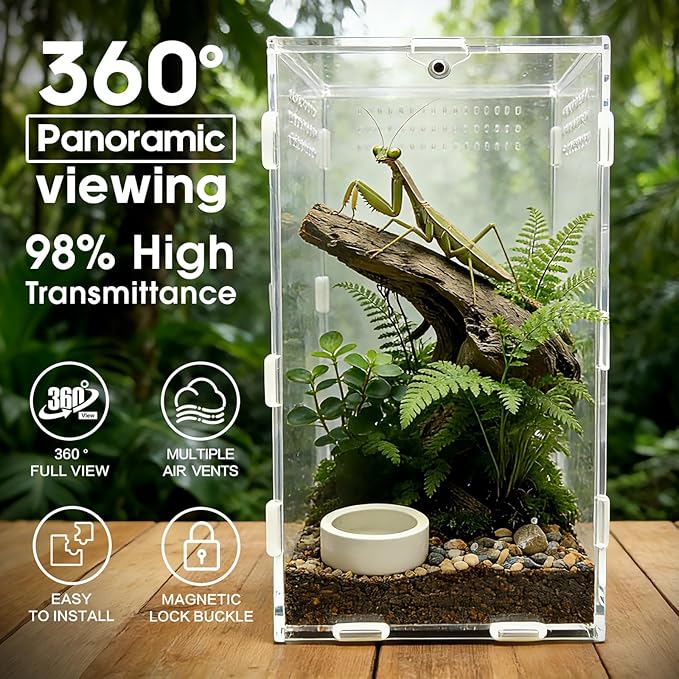 Jumping Spider Enclosure, Acrylic Terrarium with Magnetic Door & All-Side Ventilation, Easy-Clean Habitat for Spider, Tarantula, Mantis, Snail(Tweezer and Bowl Included)
