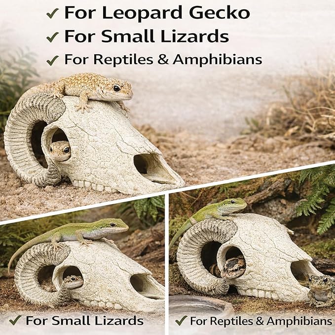 Reptile Hide Cave Decoration, Ram Skull Style Resin Shelter for Gecko, Lizard, Snake and Amphibian, Natural Habitat Decor for Small Reptiles