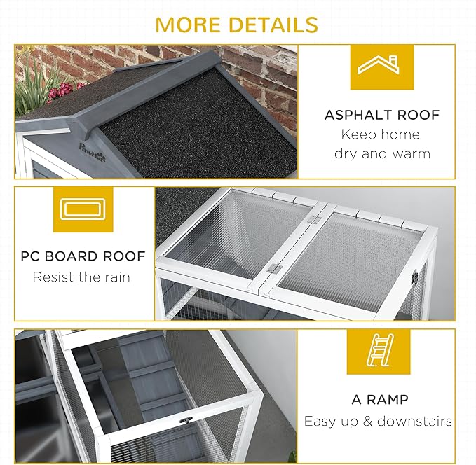 PawHut 65" Wooden Rabbit Hutch, Guinea Pig Hutch, Pet Playpen with Openable Roof, Bunny House Enclosure with Wheels, Storage Box, Slide-Out Tray, Ramp for Rabbits, Chickens, Ducks, Gray