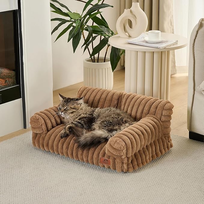 Hollypet Fluffy Dog Cat Bed Pet Couch Beds Plush Soft Warming Washable Puppy Bed for Small Medium Dogs and Large Cats, Brown, 24" L x 18" W x 10" Th