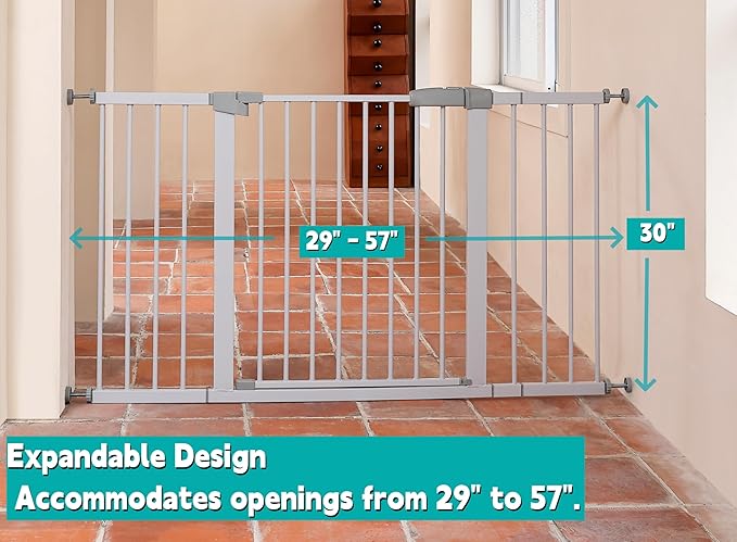 55.98"-58.15" Baby and Pet Safety Gate, 30" Tall Metal Walk-Thru Gate for Doorways & Stairs, Easy One-Hand Open, Dual Lock, Extensions & Wall Mounts Included (White, 29"-57" W x 30.5“H)