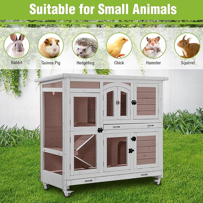 Rabbit Hutch Indoor & Outdoor, Mobile Bunny Hutch with Wheels, 47’’ Wooden Rabbit Cage with 2 Pull Out Trays and Ramp, Two-Story Design Guinea Pig Cages
