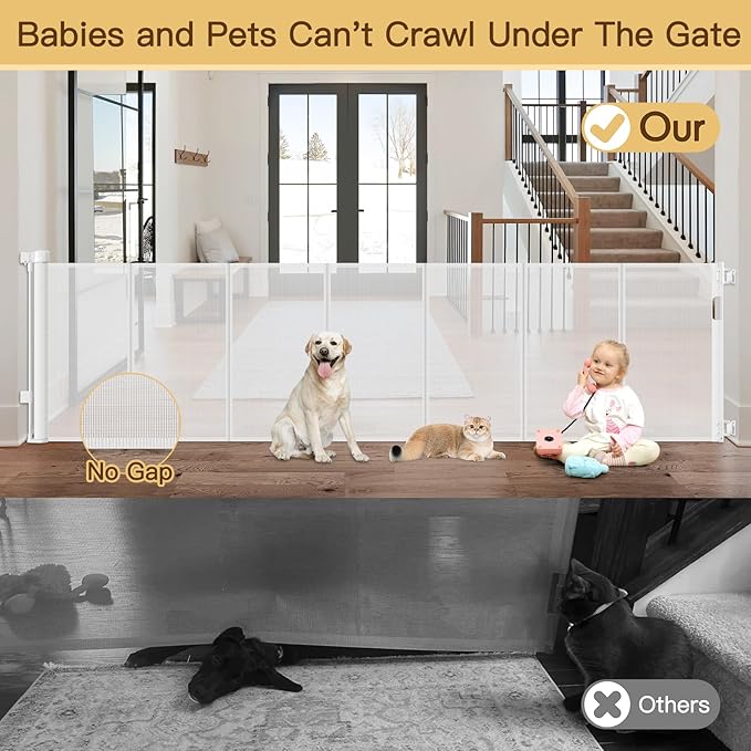 Reinforced 200 Inch Retractable Baby Gates Extra Wide Baby Gate for Large Openings, XL No Sag and Wrinkle Mesh Pet Gates for Wide Openings, Indoor/Outdoor 16 ft Retractable Garage Gate, White