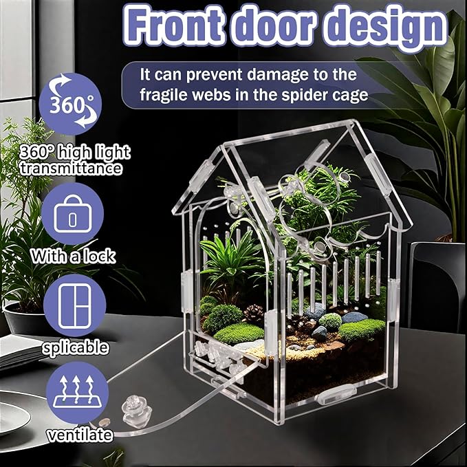 Jumping Spider Enclosure Kit Acrylic Terrarium for Tarantulas, Reptiles & Praying Mantis | Magnetic Feeding Port & Secure Latch | Arboreal Enclosure with Ventilation & Front Door