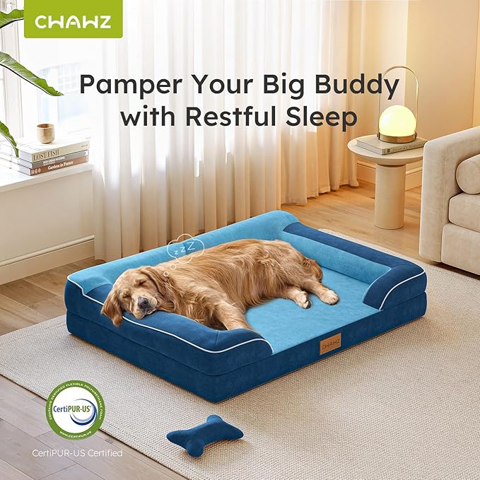CWAWZ XXL Dog Bed for Extra Large Dogs, Giant Orthopedic Dog Bed with Cooling Gel Memory Foam, Waterproof Pet Bed with Removable Washable Cover, 53" Pet Sofa Bed Dutch Velvet with Bone Toy, Navy Blue