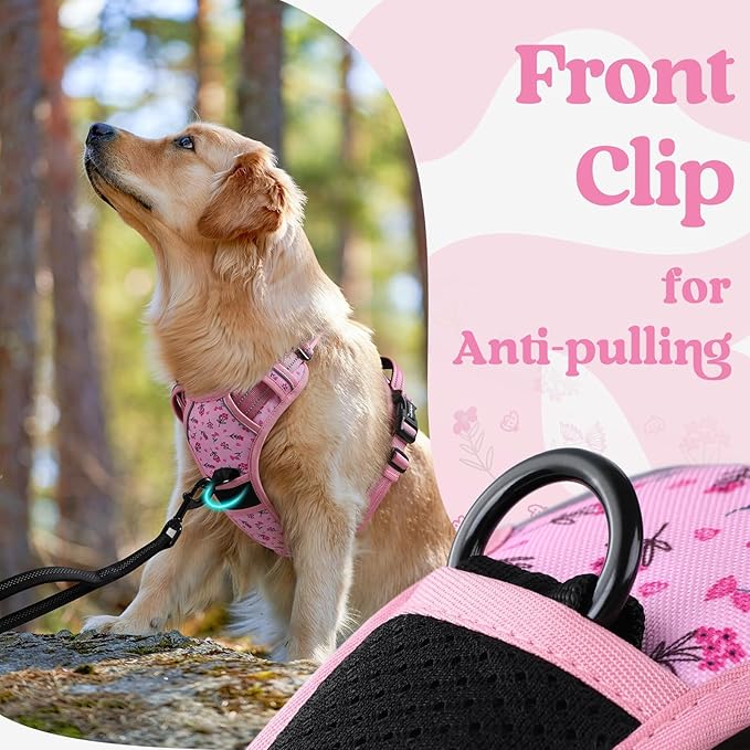 rabbitgoo Dog Harness for Large, No Pull Pet Harness with 3 Buckles, Adjustable Soft Padded Vest with Control Handle, Walking Reflective Pet Vest for Large Dogs, Floral Pink, L