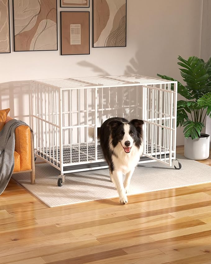 48 in White Heavy Duty Dog Crate Steel Escape Proof, Indoor Double Doors and Lockable Wheels,Removable Tray, for Dog Breeds,XL,XXL