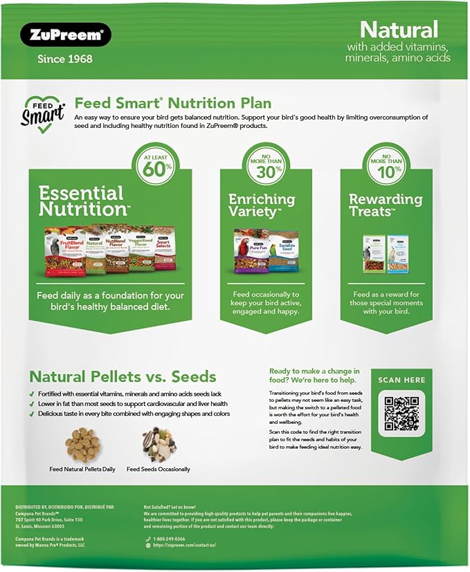 ZuPreem Natural Bird Food, Daily Bird Feed Pellets for Cockatiel, Lovebird, Quaker, Small Conure, Lorikeet, ZuPreem Core Nutrition, Added Vitamins, Made in USA, Cockatiel Food, (Medium, 10 lb Bag)