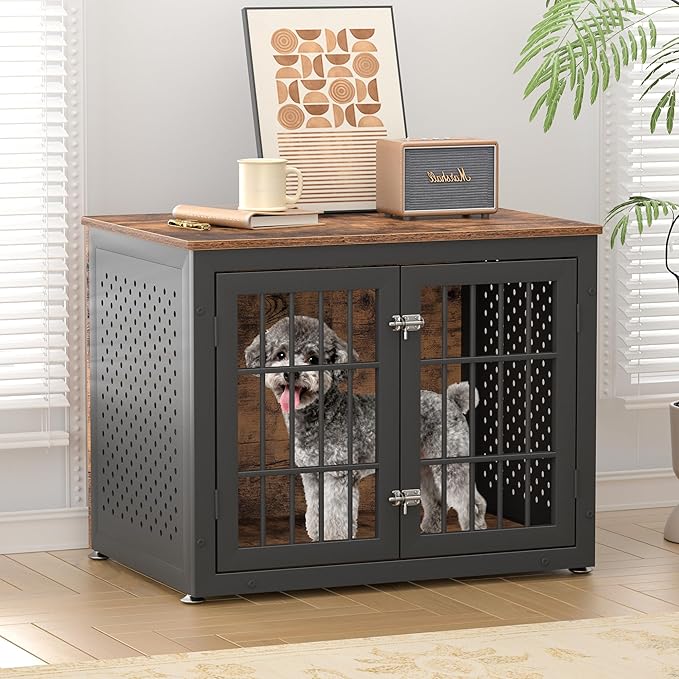 rehomerance 32" Heavy Duty Dog Crate Furniture for Small and Medium Dogs, Metal Kennel for High Anxiety Dogs, Chew Proof Pet Cage Indoor, Decorative Dog Kennel End Table