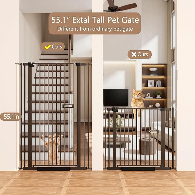 55.1" Extra Tall Dog Gate for StairsDoorways, Cat Gate Indoor for Doorways/Hallways/Kitchen, 30.1-33.8"" Wide Include 4.13" Extension Kits, No Drilling Auto Close High Pressure Mounted, Brown