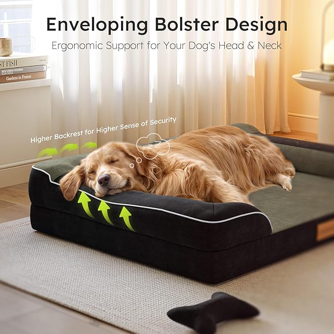 CWAWZ Dog Beds for Large Dogs, Orthopedic Dog Bed with Cooling Gel Memory Foam, Waterproof Large Pet Bed with Removable Washable Cover, 36" Pet Sofa Couch Dutch Velvet with Bone Toy, Black