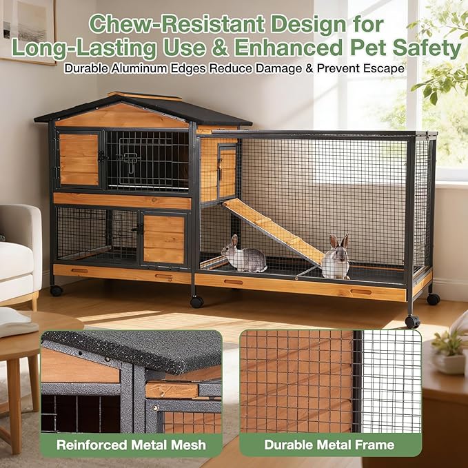 Large Rabbit Hutch Indoor Outdoor, Wooden Bunny Cage with Metal Frame, Chew-Proof Ramp, 3 Leakproof Pull-Out Trays, Rolling Wheels with Locks, Multi-Door Easy Access Small Animal Cage