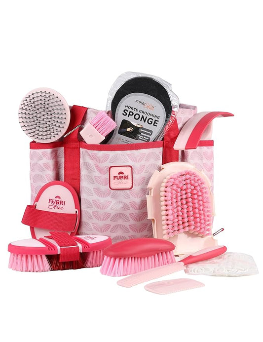 Horse Grooming Kit, 11-Piece Complete Grooming Supplies Set with Curry Comb, Brushes & Hoof Pick for Daily Care, Stable & Show Use Pink Garnet