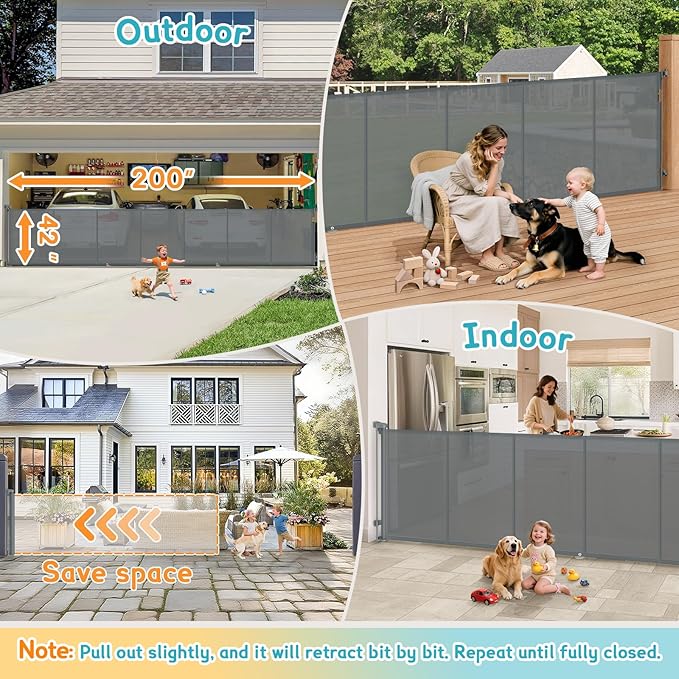 200'' Retractable Baby Gates Extra Wide, 42'' Extra Tall Retractable Dog Gate, 16 FT Grey Indoor/Outdoor Retractable Gate with Reinforcement Rods for Garage, Doorways, Stairs, Decks, Driveway, Patio