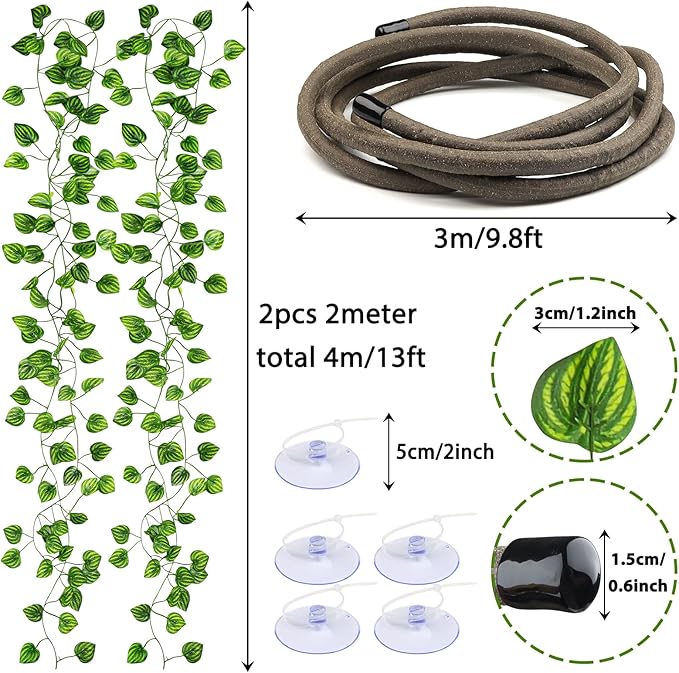 QUOZUO Reptile Tank Accessories, Artificial Plants Vines and Flexible Leaves With Suction Cups, Crested Gecko Tank Long Vines Hide for Climbing, Chameleon, Lizards