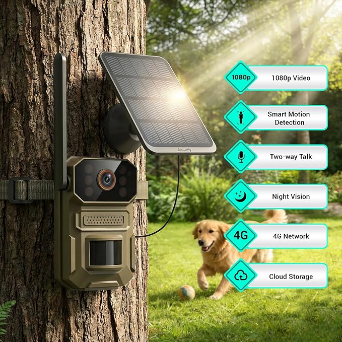 4G LTE Cellular Trail Camera with Solar Panel, 1080p Full HD Pet Cameras, Motion Detection, Live View, Night Vision, Two-Way Talk, IP65, Built-in SIM Card, Unlimited Plan (Sold Separately)