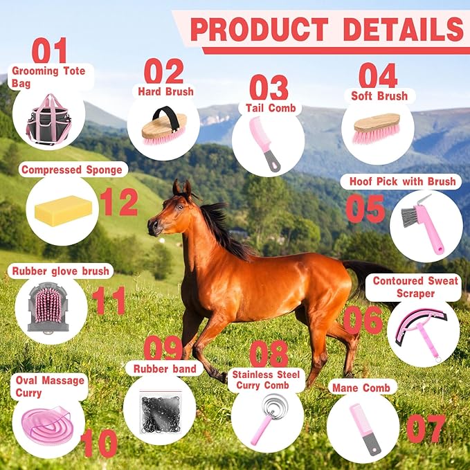 Abbylike 12 Pieces Horse Grooming Kit with Organizer Tote Bag Tack Room Supplies Horse Brush Sets Equine Care Cleaning Kit Shedding Grooming Massaging Tools (Grey and Pink)