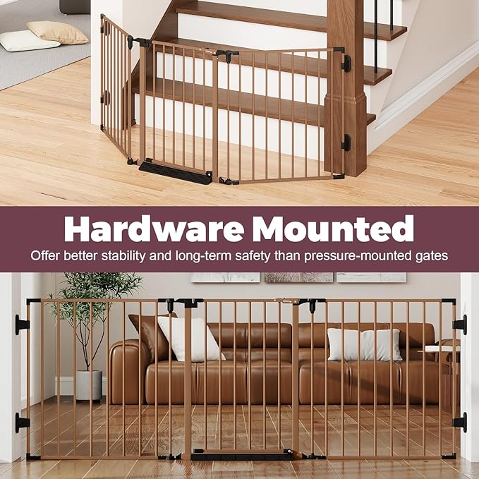 78" Extra Wide Baby Gate, Dog Gates Indoor for Doorways Stairs, Essential Safety Gate for Child, Hardware Mounted Adjustable Pet Gate with Anti-Trip Pedal, 28'' Tall 3 Metal Panels Brown