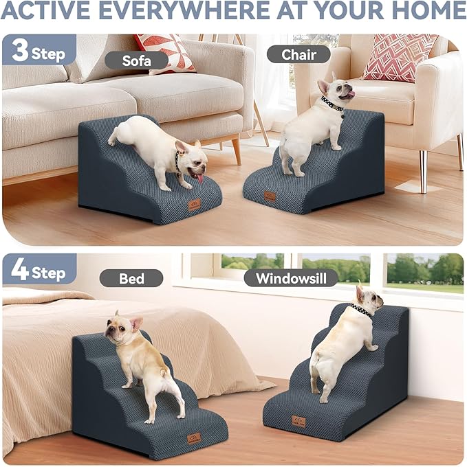 Zerbuger Dog Ramp and Stair for Bed 16" H-20 H,3-Step Cat Stair for Sofa and Chair,4-Step Dog Ramp for High Bed and Window,Durable Nonslip Fabric Cover for Indoor (Dark Grey-16 H, Pet Friendly, 3)
