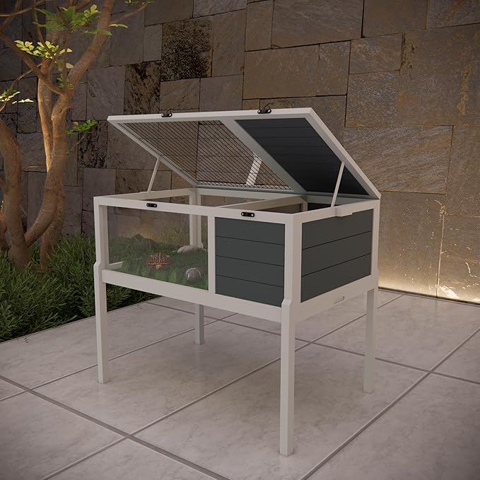 Turtle Habitat Enclosure, Large Wooden Tortoise House for Indoor and Outdoor Use, Reptile Enclosure with Openable Roof & Secure Locking System (Dark Grey, with Leg)