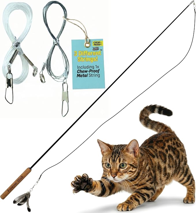 Forever Stick and 3 Strings including Chew Proof Metal Wire - The Unbreakable Cat Wand Toy, Durable Cat Toy Wand, Extra Long Cat String Toy, Cat Fishing Pole Toy for Bored Indoor Adult Cats, Stick Toy by Repounce