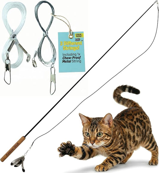Forever Stick and 3 Strings including Chew Proof Metal Wire - The Unbreakable Cat Wand Toy, Durable Cat Toy Wand, Extra Long Cat String Toy, Cat Fishing Pole Toy for Bored Indoor Adult Cats, Stick Toy by Repounce