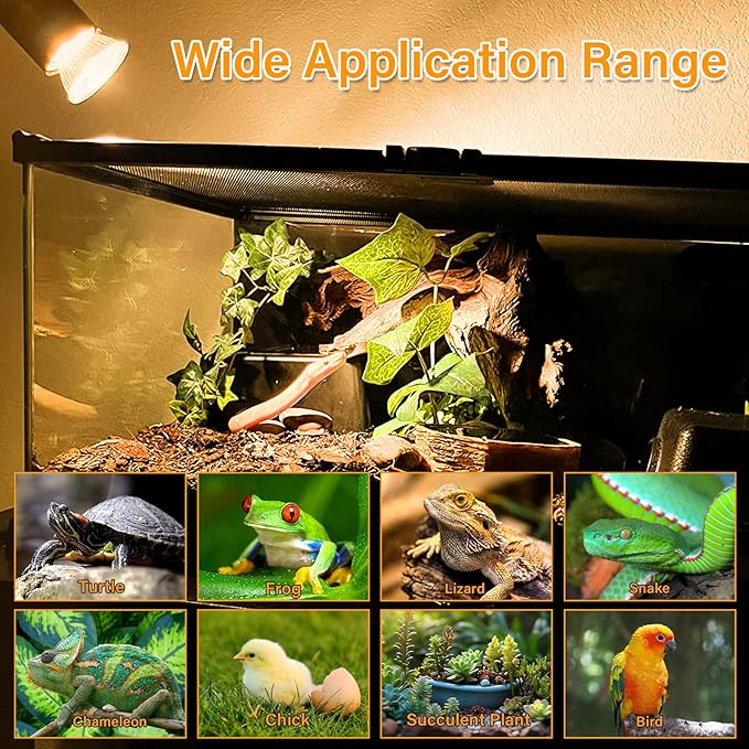 Reptile Heat Lamp with Clamp, Aquarium Turtle Tank Basking Light with 360° Rotatable, Timing, Dimming and 2 Pcs 50W UVA UVB Heat Light Bulb for Turtle, Lizard, Snake, Beared Dragon, Amphibians