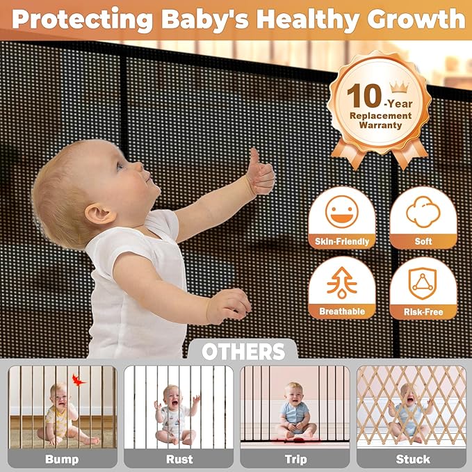 120" Retractable Baby Gates Dog Gate Extra Wide, 42" Tall Child Pet Safety Gate with Reinforced Strips for Stairs, Long Mesh Garage Gates Fence for Outdoor Indoor Large Openings Driveway Decks Patio