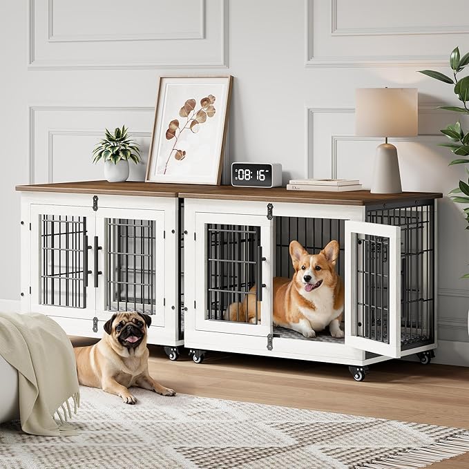 YaFiti Dog Crate Furniture with Cushion, Wooden Dog Kennel Indoor with Double Doors, Dog Cage with Wheels, Dog House Side End Table for Small Medium Dogs up to 45 lb, 32.5" L, White