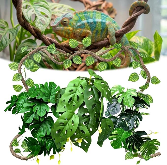 5 Pcs Reptile Plants & Habitat Decor Kit - 3 Artificial Plants & Large 5ft Jungle Vine Branch, Amphibian Habitat Hideout Tank Decorations fit Crested Gecko Leopard Lizard Chameleon Ball Python Frog