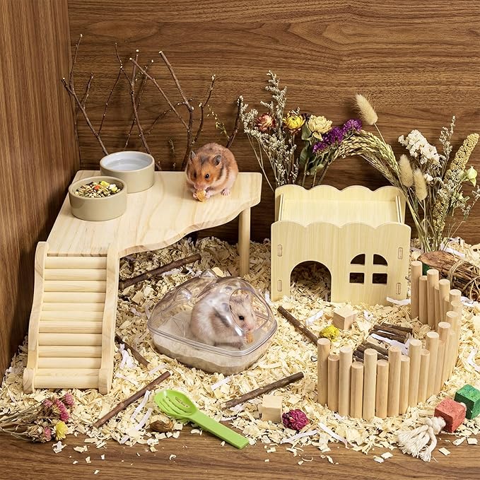 Qunclay 5 Pcs Hamster Platform Wooden Ladder Play Hidden House Game Climbing Toy with Hamster Bath Container Decor Cage Accessories for Dwarf Syrian Mice Degus Gerbils Squirrel and Small Animals