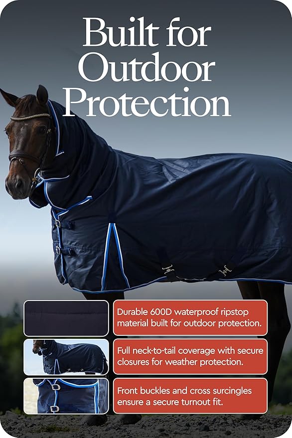 HORZE Glasgow Medium Weight Waterproof Combo Turnout Winter Horse Blanket with Neck Cover (150g Fill) - Dark Blue - 75 in