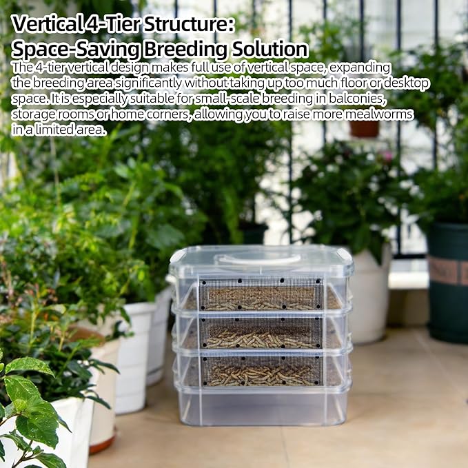Mealworm Breeding Kit - 4 Layer High Capacity Mealworm Breeding Container, to Breed Live Mealworms, Reptiles, Lizards, Frogs,Tortoises, Includes Tweezers & Cleaning kit (10.6x7.1x10 in)