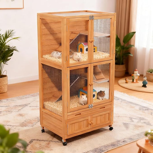 Wooden Hamster Cage, Large Double-Layered Hamster Cage with Storage Area, Deep Pull-Out Tray, and Aesthetically Pleasing and Convenient Magnetic Door Design. (Wood Color)
