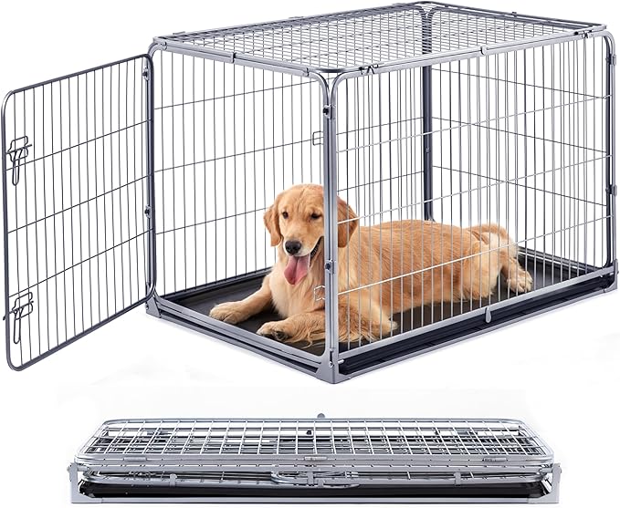 ZOMISIA Collapsible Dog Crate for Large Dogs - 42 inch Escape Proof Metal Dog Kennel with Double Door, Easy Assembly Foldable Dog Cage with Removable Tray, Indoor Outdoor Use, Silver Gray