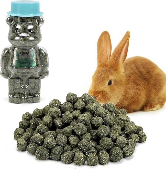 Timothy Hay Cubes 11 oz in Bear Jar - Dust Free High Fiber Mini Chew Treats for Small Pets 100% Natural Timothy Hay for Rabbits, Guinea Pigs & Tortoises