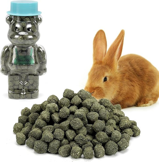 Timothy Hay Cubes 11 oz in Bear Jar - Dust Free High Fiber Mini Chew Treats for Small Pets 100% Natural Timothy Hay for Rabbits, Guinea Pigs & Tortoises