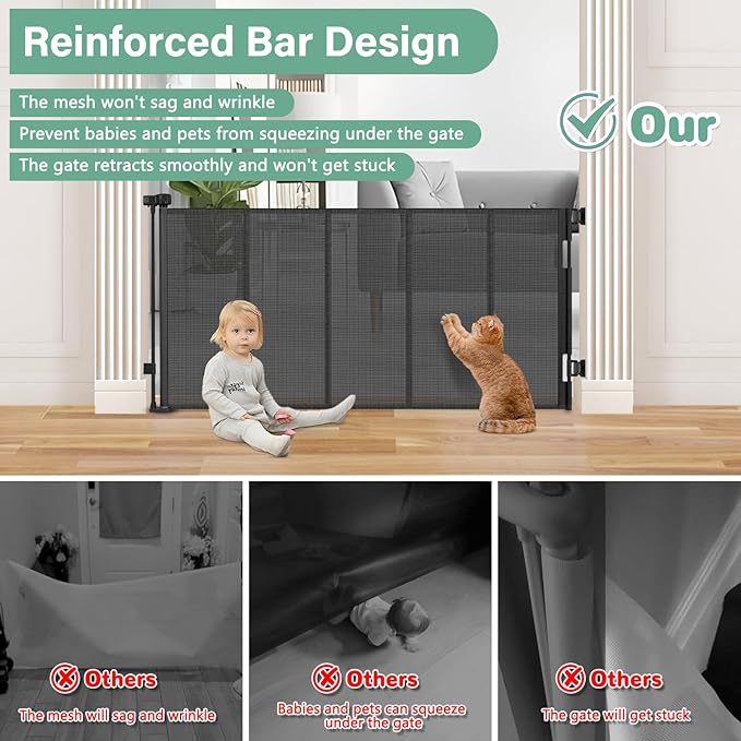 Reinforced 26 Inch Tall Retractable Dog Gate to Step Over 55" Wide Short Mesh Baby Gate Retractable Baby Gate for Doorway Low Outdoor Retractable Gate Small Pet Gate for Stair Puppy Gate for The House