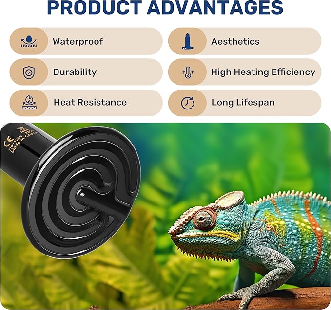 Reptile Heat Lamp 75W Ceramic Heat Emitter, No Light Emitting Heat Bulbs for Amphibian Pet Brooder Coop Incubating Chicken, Lizard Bearded Dragon Turtle Snake Terrarium, 2 Pack