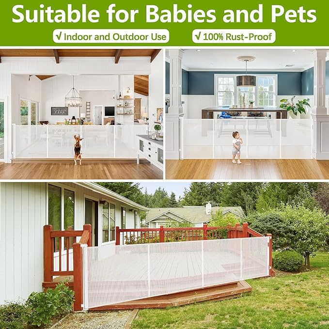 Reinforced 42 Inch Tall Retractable Baby Gates Extra Wide Dog Gate, 155 Inch Extra Long Baby Gate with Support Rods - Prevent Crawling Under, Indoor Retractable Gate Outdoor Extra Tall Dog Gate, White