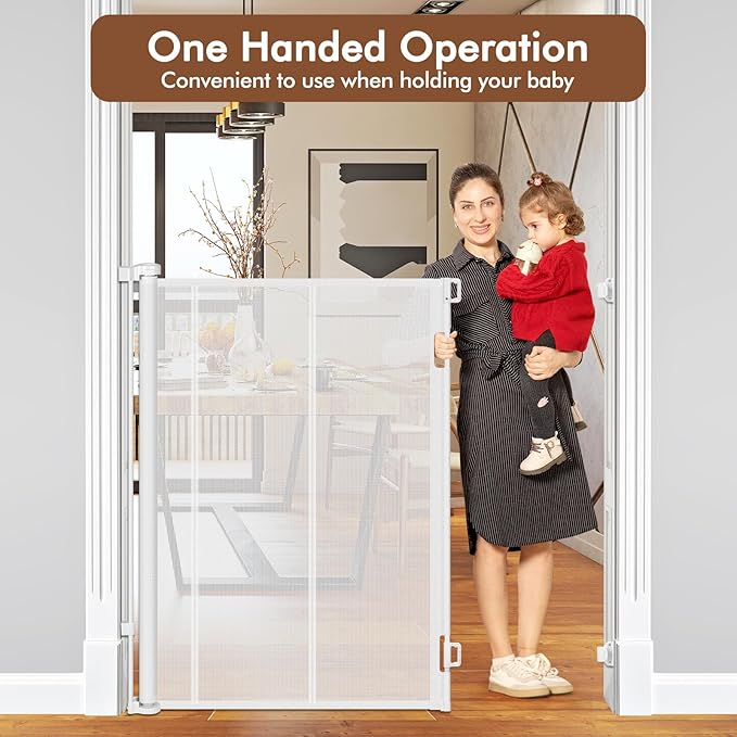 Reinforced 48" Extra Tall X 100" Extra Long Baby Gates for Wide Openings Retractable Baby Gates Extra Wide Dog Gates Indoor Mesh Gates for Dogs Tall Pet Gates for Doorways Mesh Cat Gate, White
