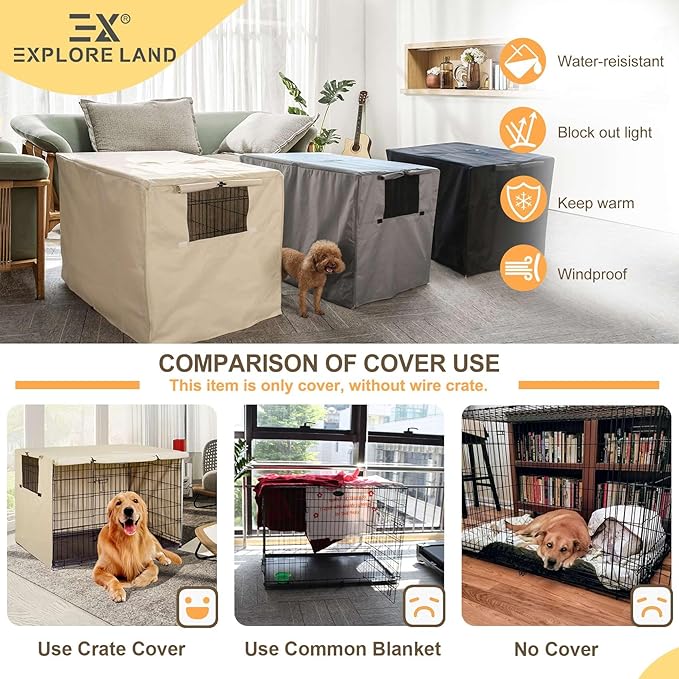 Explore Land Dog Crate Cover Heavy Duty Polyester Pet Kennel Sunshade Universal Fit for 18 inches Wire Cage (Tan)