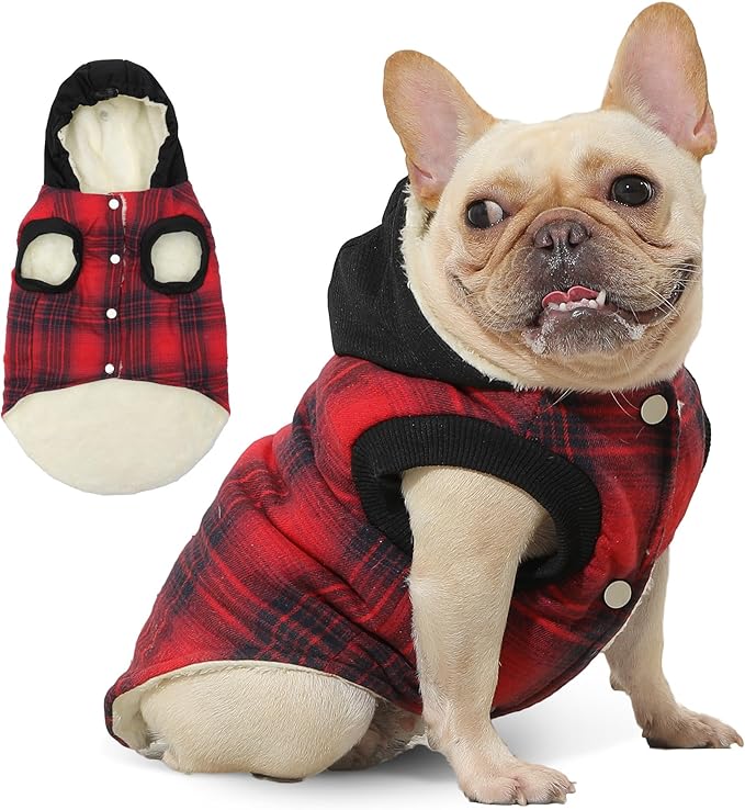Vecomfy Fleece Lining Dog Hoodie for Medium Dogs Extra Warm Plaid Sweater with Drawstring Hooded Coats in Winter Doggie Jacket,Red XL