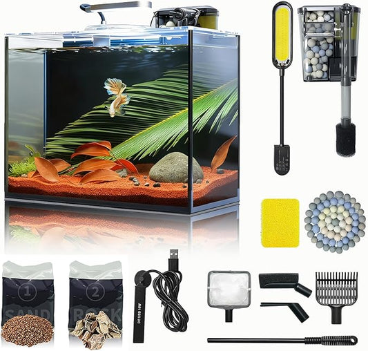 2.6 Gallon Small Aquarium Set Glass Fish Tank, Starter Kit with Heater Water Pump Cleaning System Filter Bright Light Rocks Gravel Cleaning Tool, Leak-Proof Clear Rimless Desktop Spaces Saving Betta