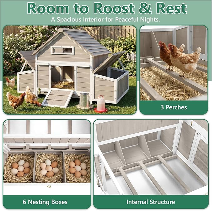 Large Chicken Coop Chicken House Outdoor with 6 Nesting Boxes & Pull-Out Tray for 4-6 Chickens, Wooden Backyard Hen House Poultry Cage with Weatherproof Openable Roof, 3 Perches, Expandable Run