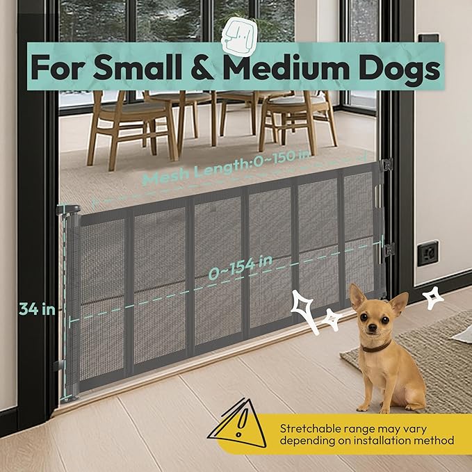 34" H Tall Mesh Dog Gate Extends Up to 150" W Retractable Pet Gate with Drill Installation, Preventing Crawling Through for Stairs, Doorways, Indoor & Outdoor (Gray)