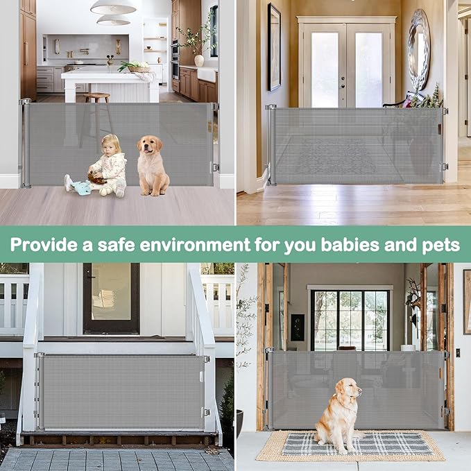 BETERTEK 80 Inch Wide Retractable Baby Gates for Dogs Indoor, Anti-Scratch Mesh Pet Gate for Doorways, 33” Tall Retractable Outdoor Gate for Decks, Anti-Climb Safety Mesh Gates for Kids or Pets, Gray