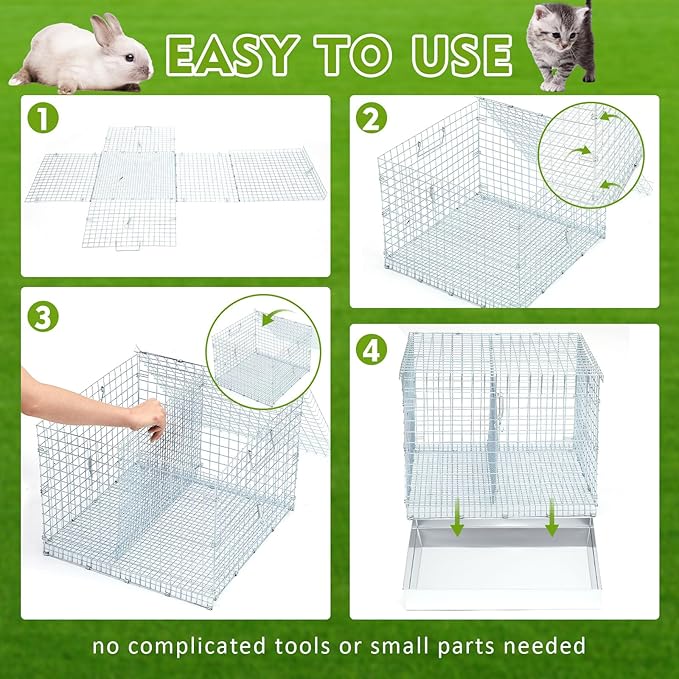 DoubleFill 2 Hole Folding Rabbit Transport Cage, Portable Bunny Carrier with Tray and Handles for Travel or Temporary Housing, Indoor Outdoor Pet Habitat Animal Enclosure(16 x 14 x 12 in)