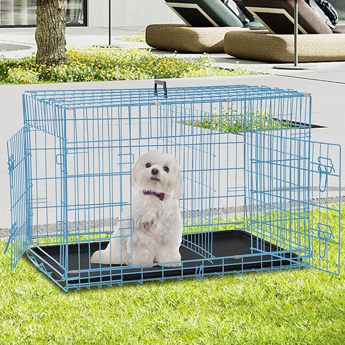 Dog Crate for Large Medium Small Dogs, Folding Dog Kennel Cage with Plastic Tray & Divider 48"/42"/ 36"/ 30"/ 24" Indoor Outdoor Metal Double Door Heavy Duty Dog Pen Enclosure, Blue(24 Inch)
