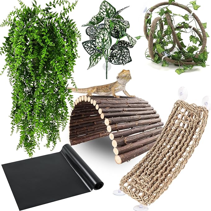 RUNANIA Bearded Dragon Tank Accessories, Reptile Mat Hammock Plants Bridge Jungle Climber Vines Terrarium Decorations for Bearded Dragon Lizard Snake